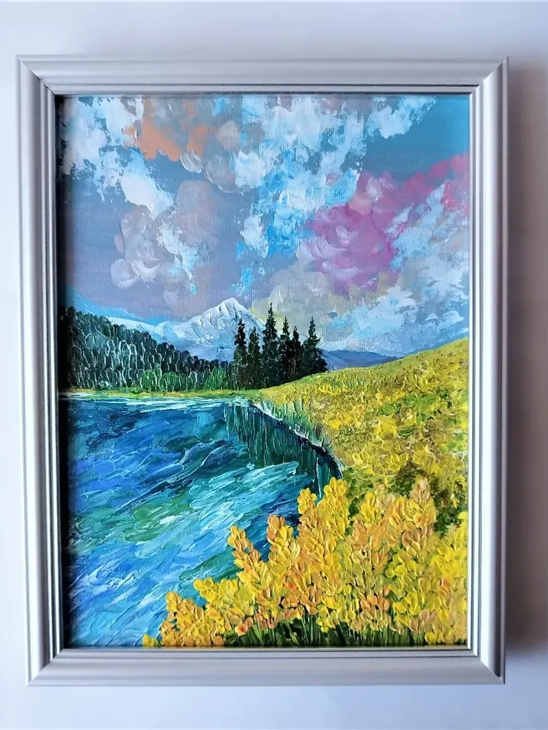 Mountain landscape, Mountain lake painting, Texture mountain painting, Acrylic painting on canvas