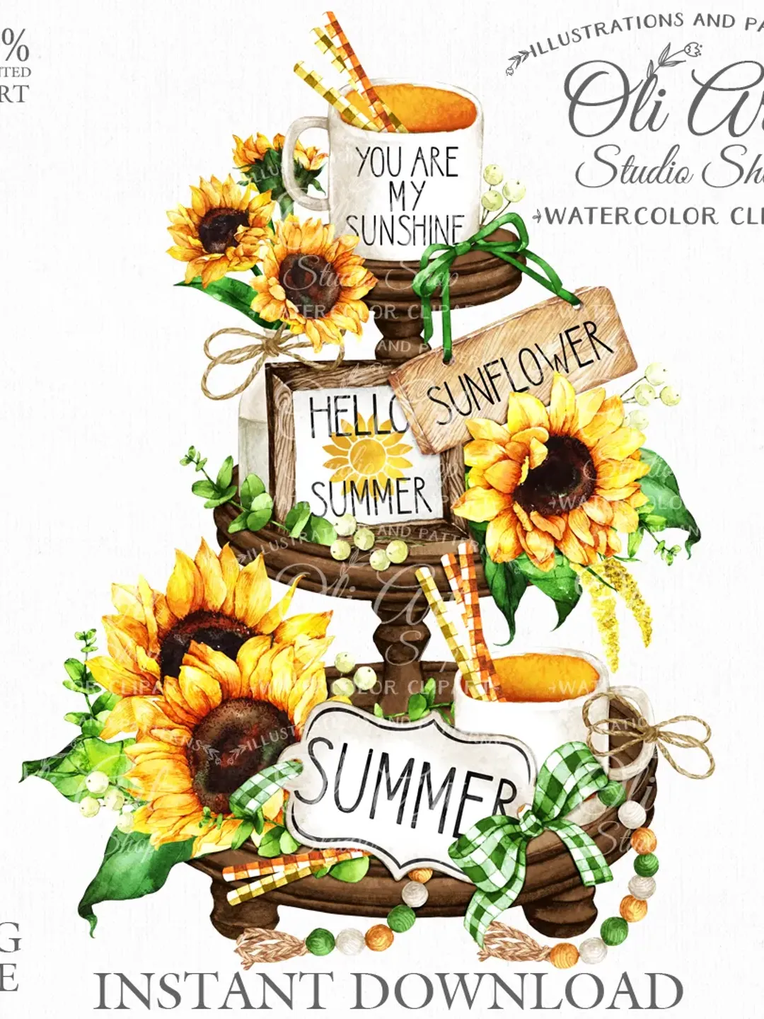 Summer Tiered Tray Design. Sunflowers. Png File, Hand Drawn graphics. Digital Download. OliArtStudioShop