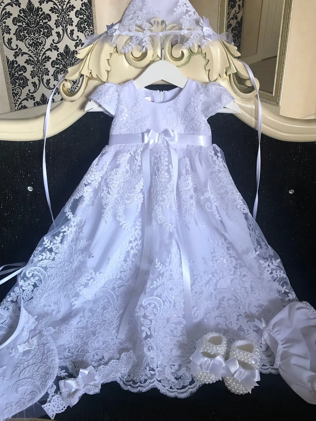 White dress with lace and sparkles, headband, bonnet, panties and shoes. Baptism outfit. Christening gown for baby girl.
