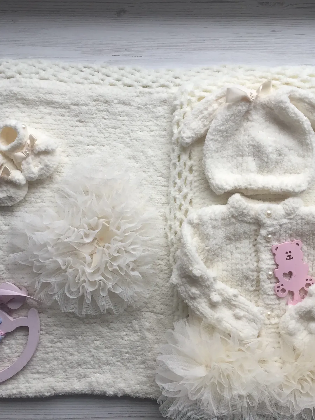 Hand made knitting outfit for baby girl.Clothing set for newborn girl. Take home outfit.Baby shower outfit for girl.Baptism outfit for girl