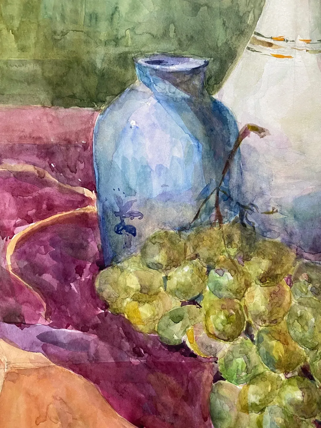 Still life with grapes and a jug original painting watercolor artwork Food Art
