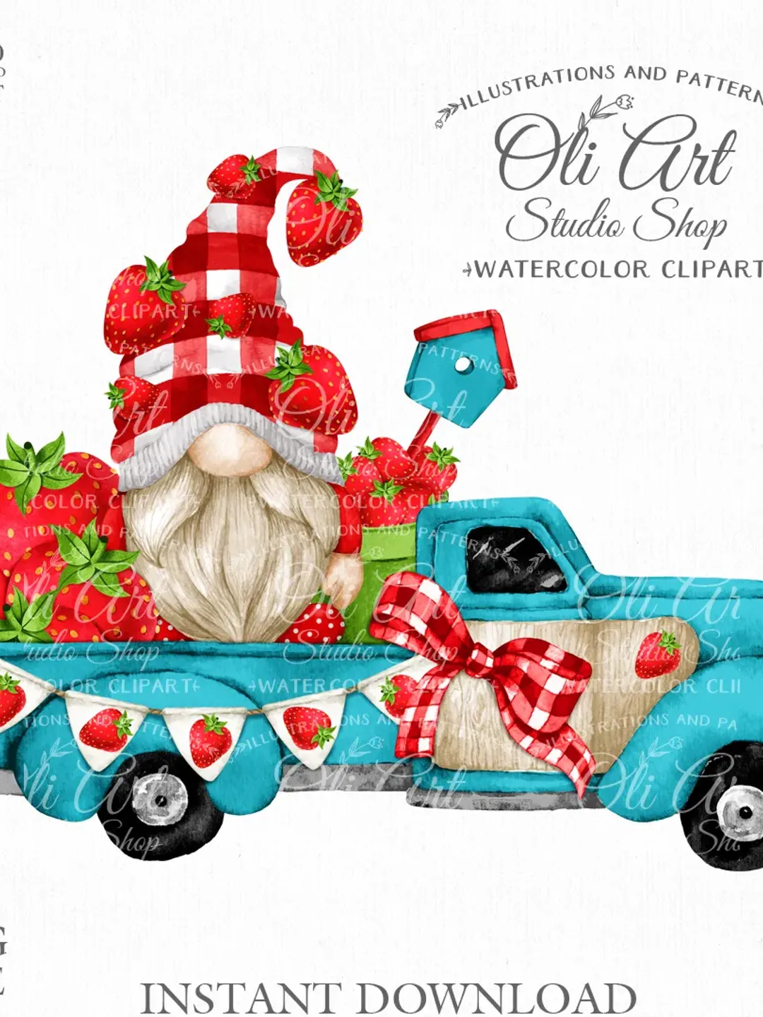 Strawberry Truck Gnome Clipart. Hand Drawn Graphics, Instant Download. Digital Download. OliArtStudioShop