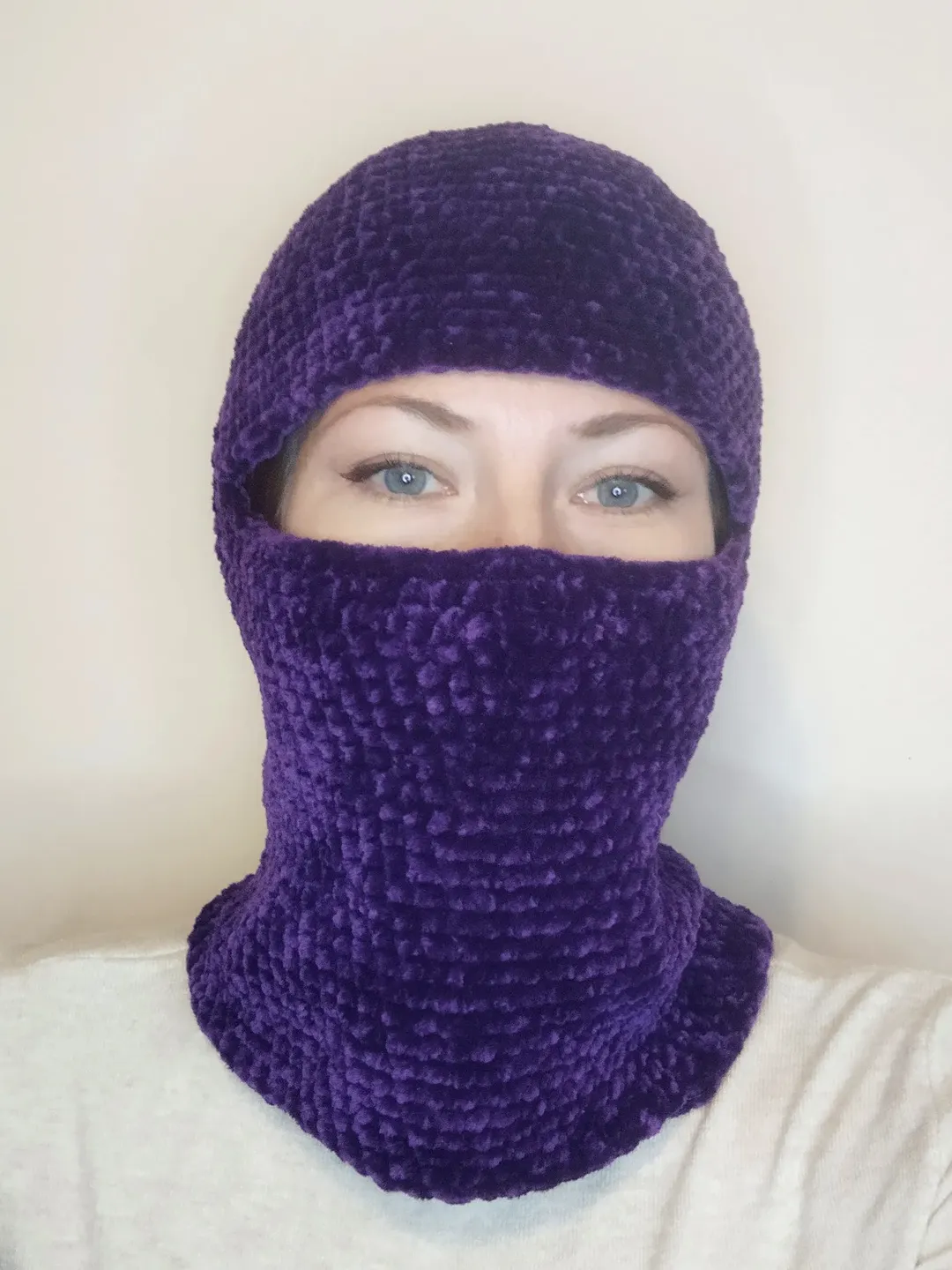 Plush balaclava crochet. Purple balaclava hand knit. Trendy balaclava for teens. Fluffy balaclava face mask.
