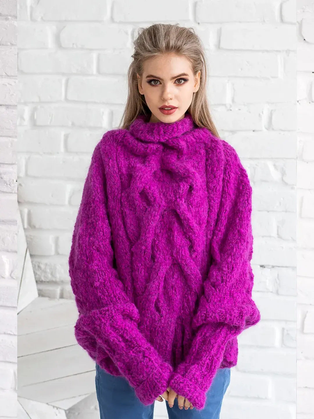 Knitted Poncho Fuchsia Hand Knitted Oversize Sweater. High-quality handmade.