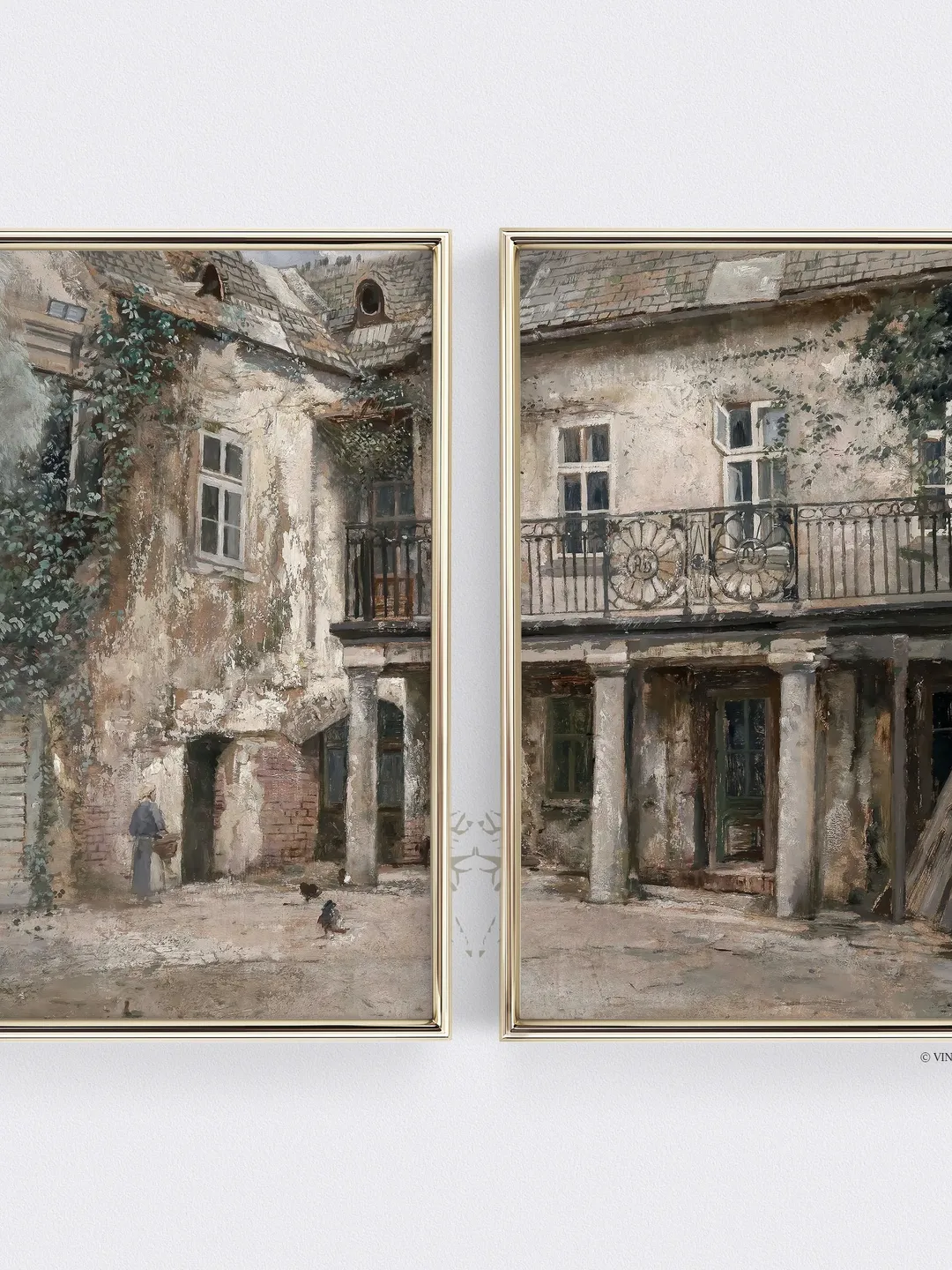 European Courtyard Painting, Vintage Set of 2 Prints, Farmhouse Printable Wall Art Decor | 287 S2