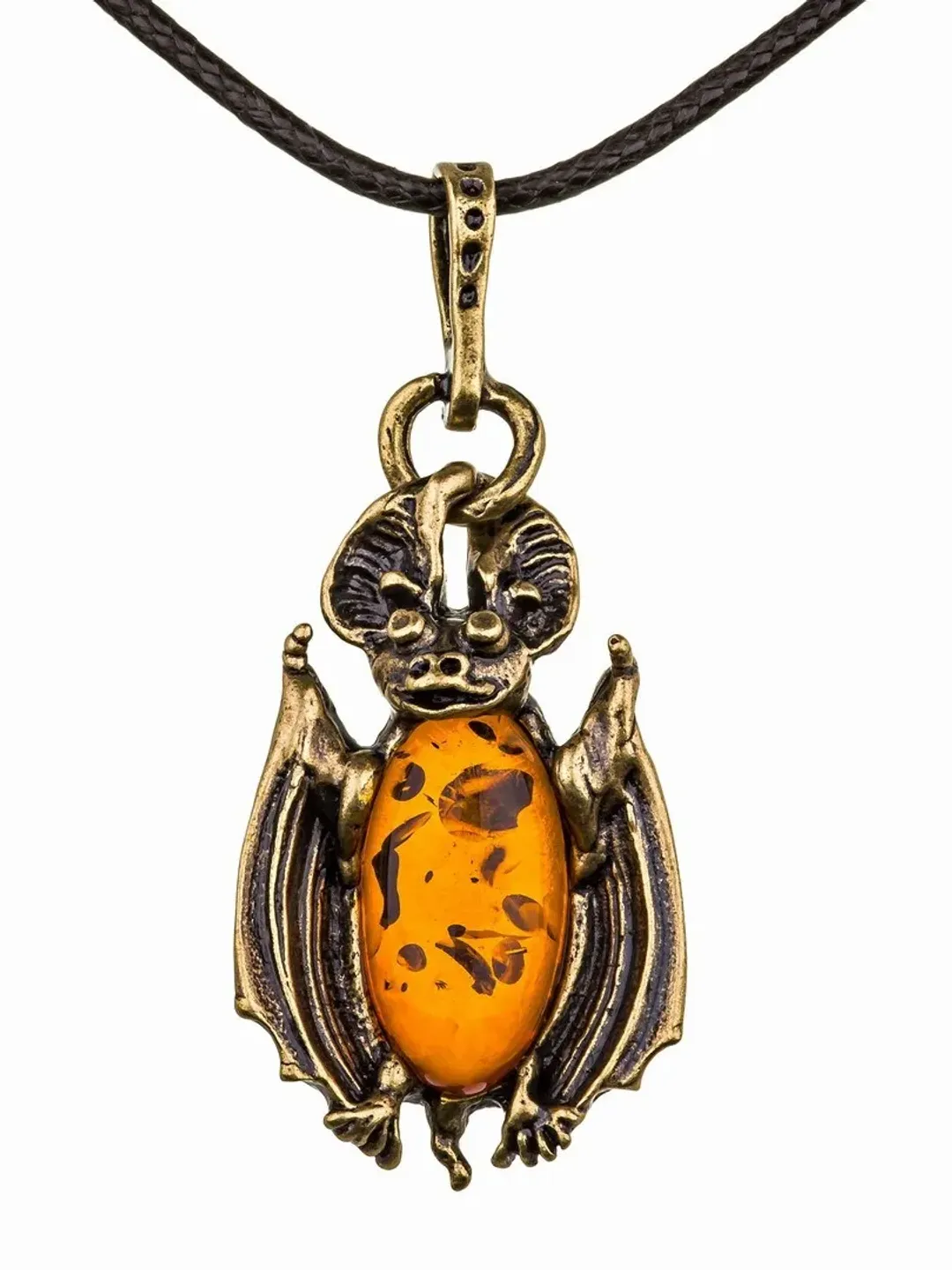 Amber Bat Necklace Halloween Jewelry Orange Gold Brass Pendant Animal Necklace Amber jewelry Amulet Necklace Handmade