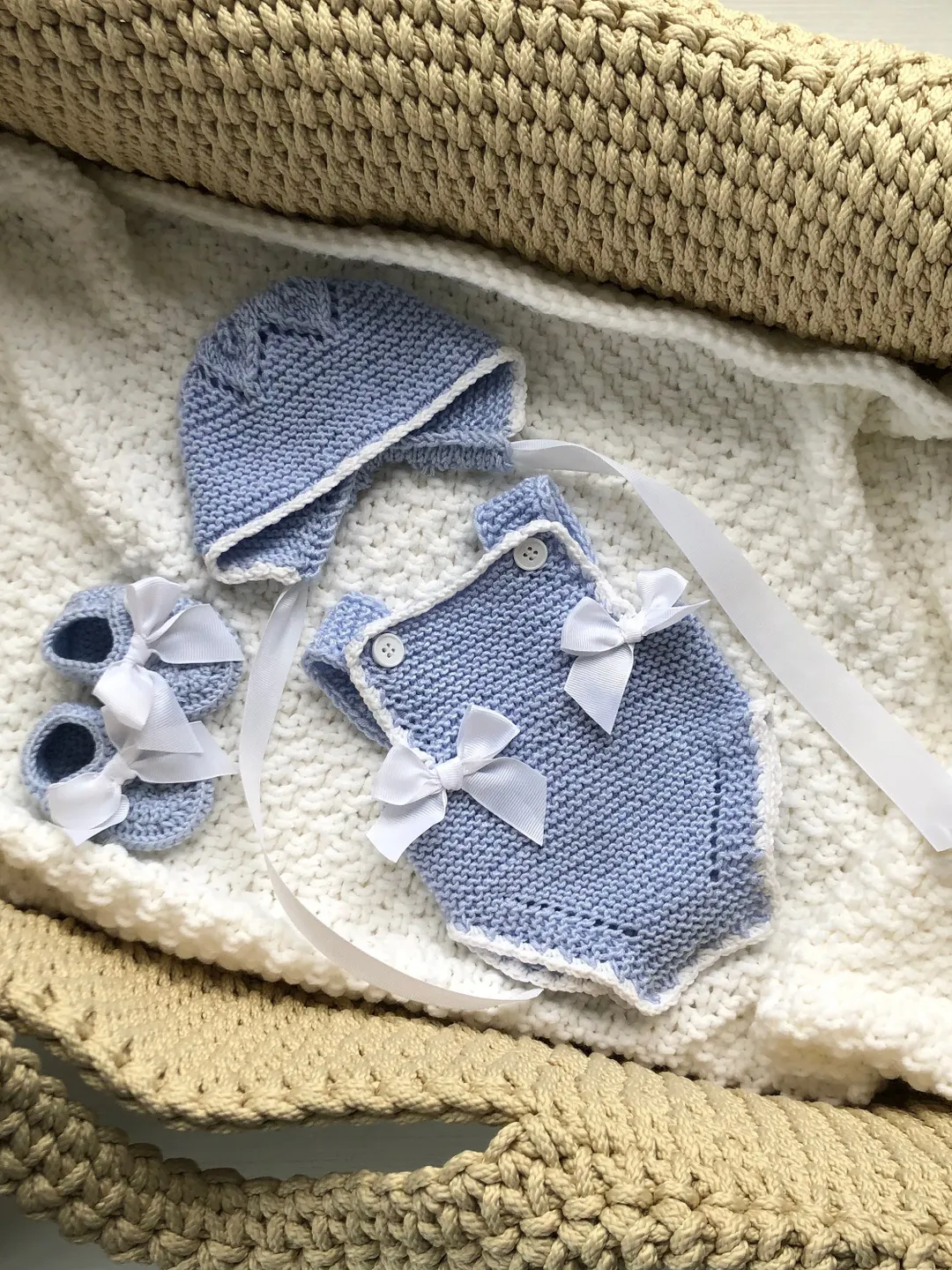 Knit romper, hat and booties. Hand made outfit for baby boy.