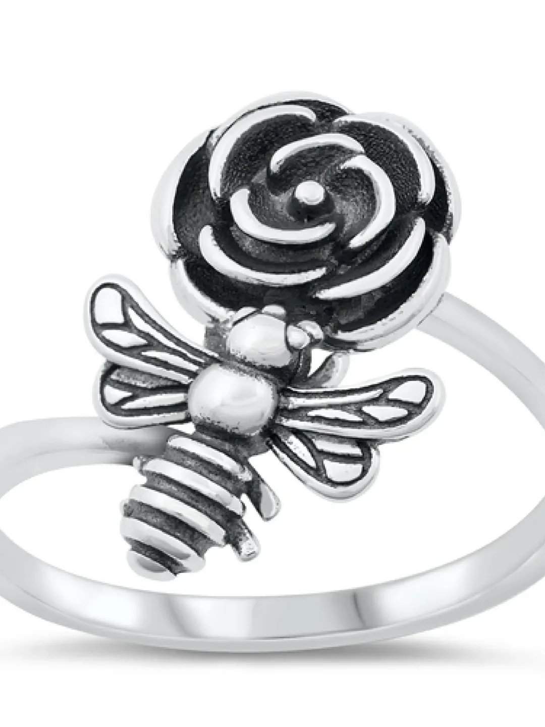 Flower and Bee Sterling Silver Ring - Silver Ring - Rose Ring - Bee Ring - Insect Ring - Silver Band - Thumb Ring