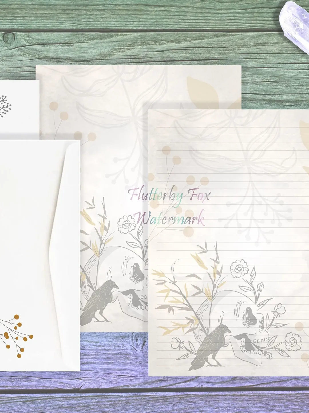 Skull and Raven Writing Paper Set | Skull Stationery Paper | Gothic Letter Paper | Floral Stationery | Floral Goth Page | Skull Page Set