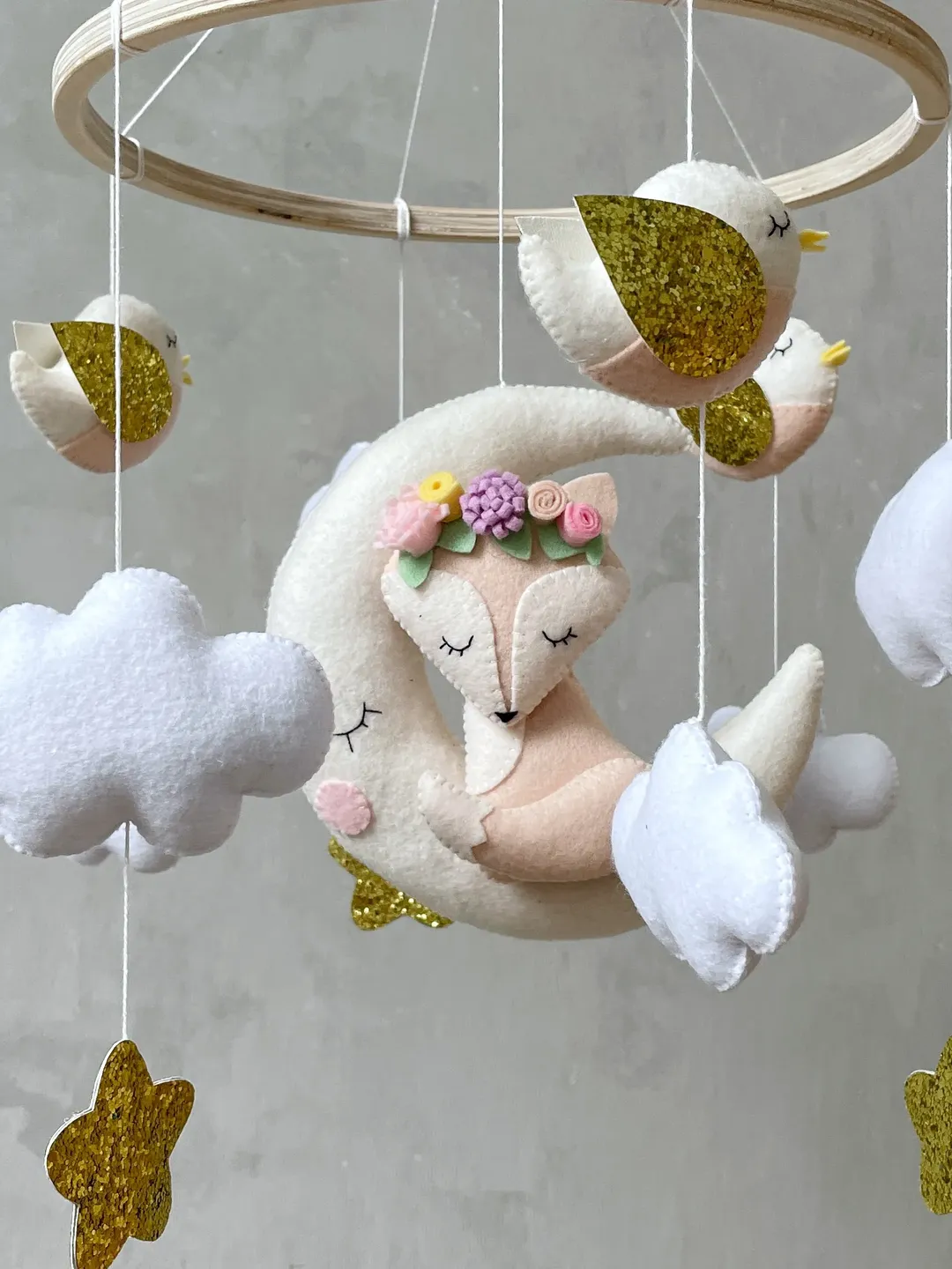 Fox baby girl mobile. Woodland baby mobile. Crib mobile girl woodland animals. Nursery decor girl