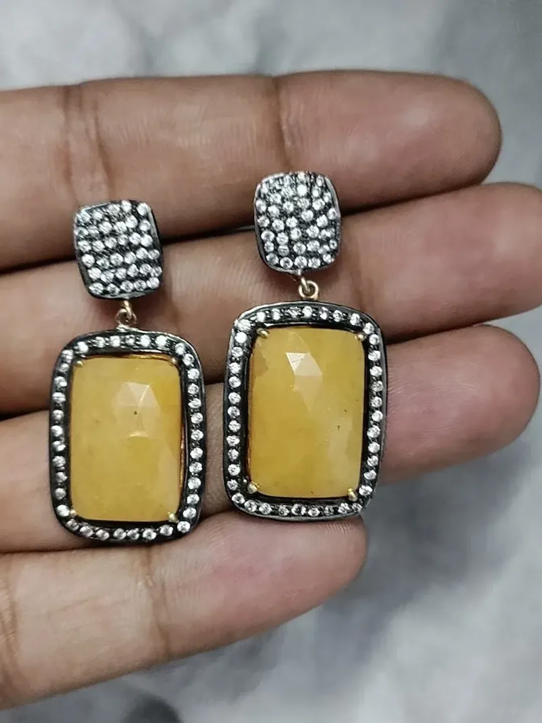 Natural Yellow Sapphire Studs, Pave CZ Earrings, Pave Studs, Sterling Silver Stud, Victorian Earrings, Statement Jewelry, Push Back Earrings