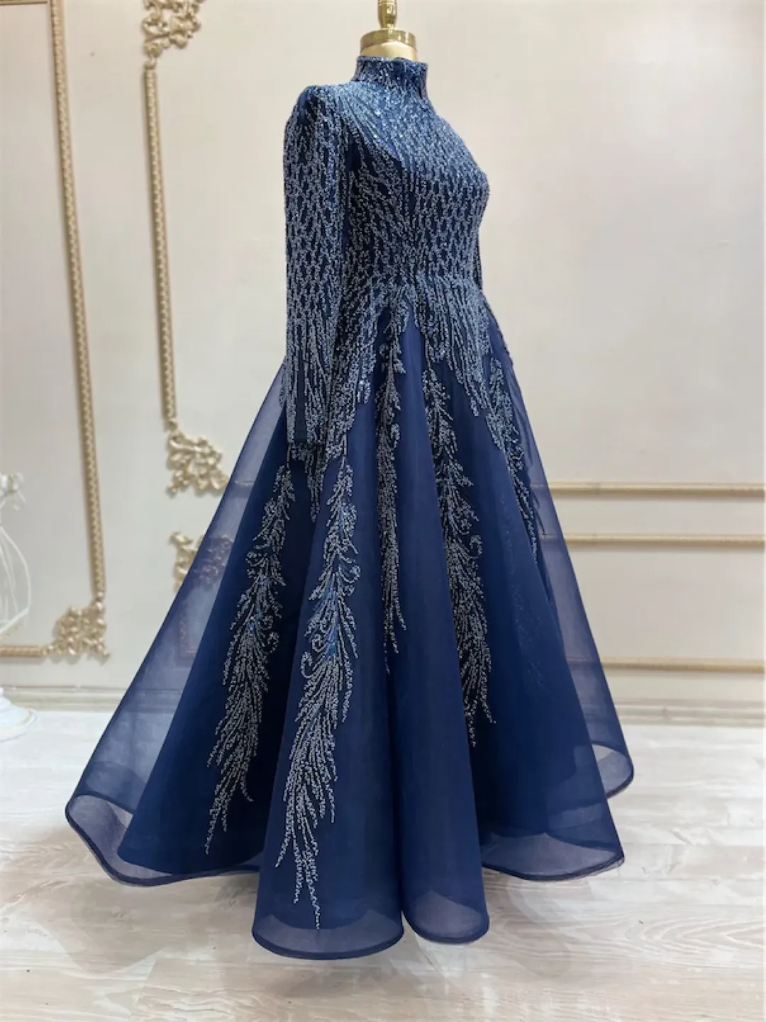 slim fit dress slacks Navy Tulle Gold Beaded Spaghetti Straps Mermaid Prom Dress US0 / Navy/Gold main image 0