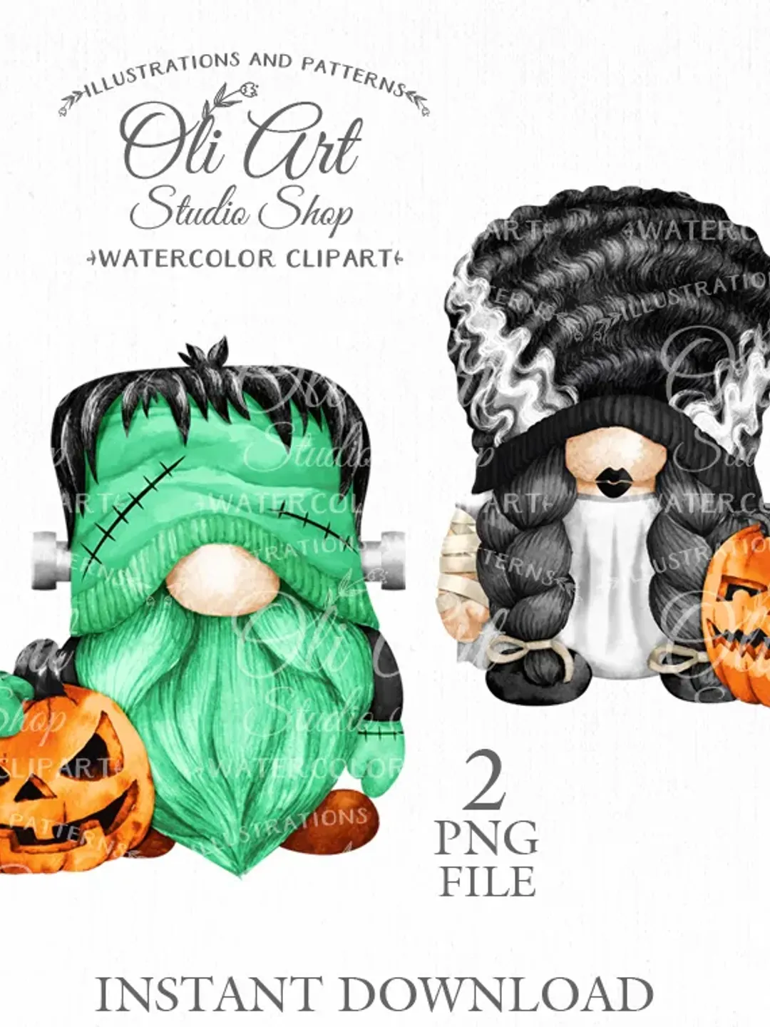 Halloween Digital Clipart. Frankenstein and Bride of Franken Gnome. Design Digital Download. OliArtStudioShop
