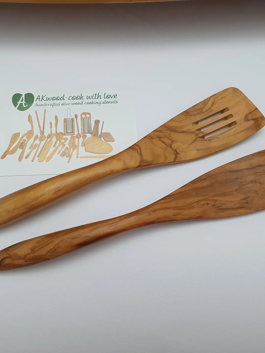 Set of 2 Big Handle Curved Spatula, Normal and Slotted Spatula 32 cm / 12.60" - Handmade Cooking Utensils - AKwood #Z01