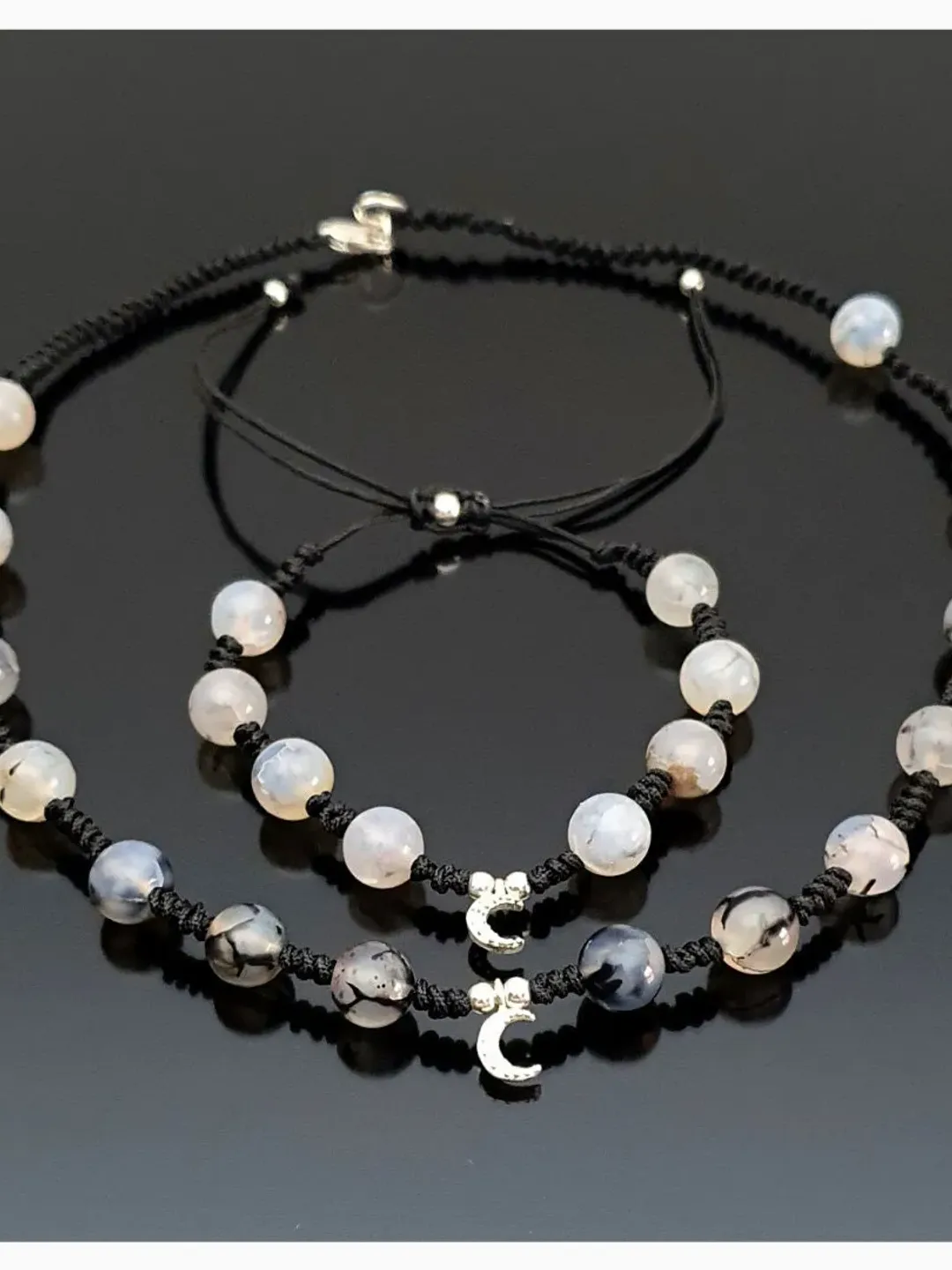 White Spider Agate Necklace and Bracelet Set, Silver New Moon Pendant, 925 Sterling Silver, Halloween Jewelry, Gift for Women, Gift For Wife