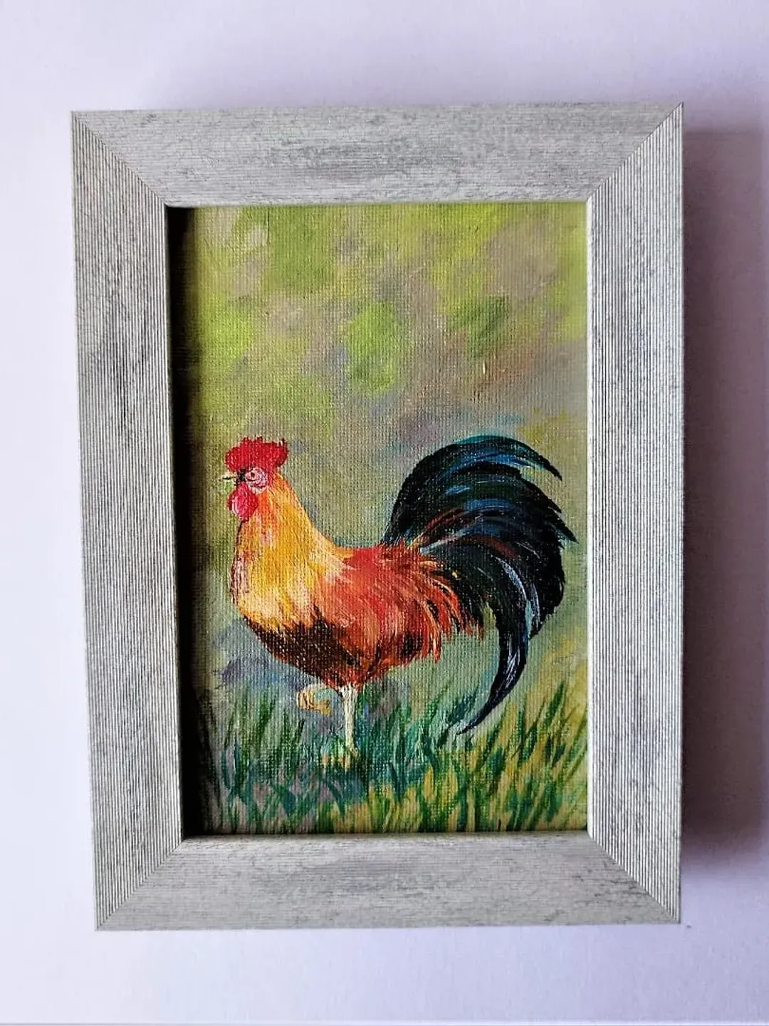 Rooster bird painting small wall decor, Orange bird painting art impasto, Bird painting wall artwork