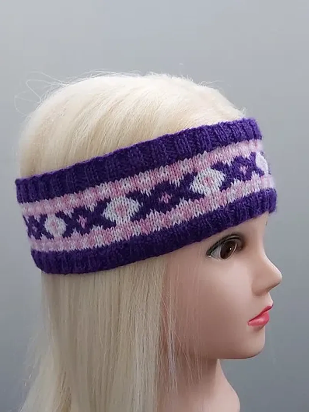 Women's knitted headband violet with jacquard pattern