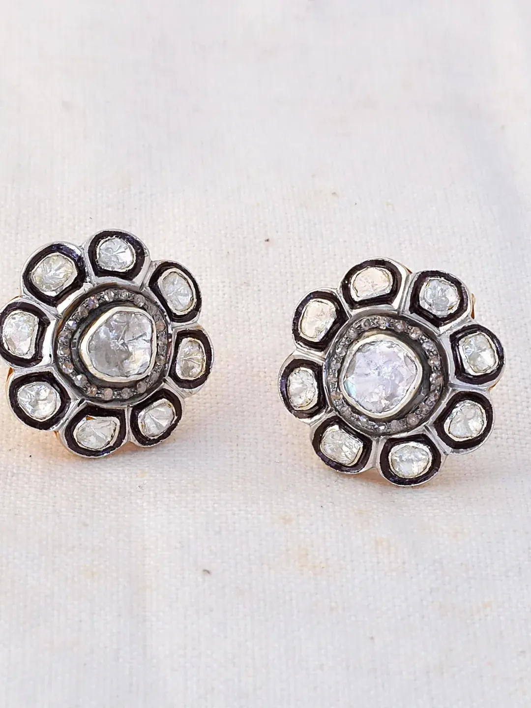 Natural Polki Diamond Studs, Flower Shape Studs, Sterling Silver Stud, Victorian Earrings, Oxidized Jewelry, Polki Earrings, Diamond Earring