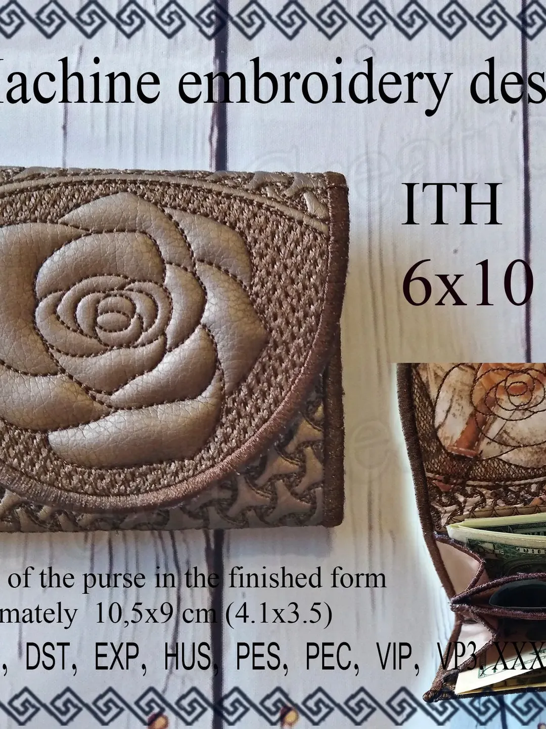 Wallet Machine embroidery designs. In the Hoop purse rose,  little Wallet  embroidery designs trapunto Case Embroidery Design