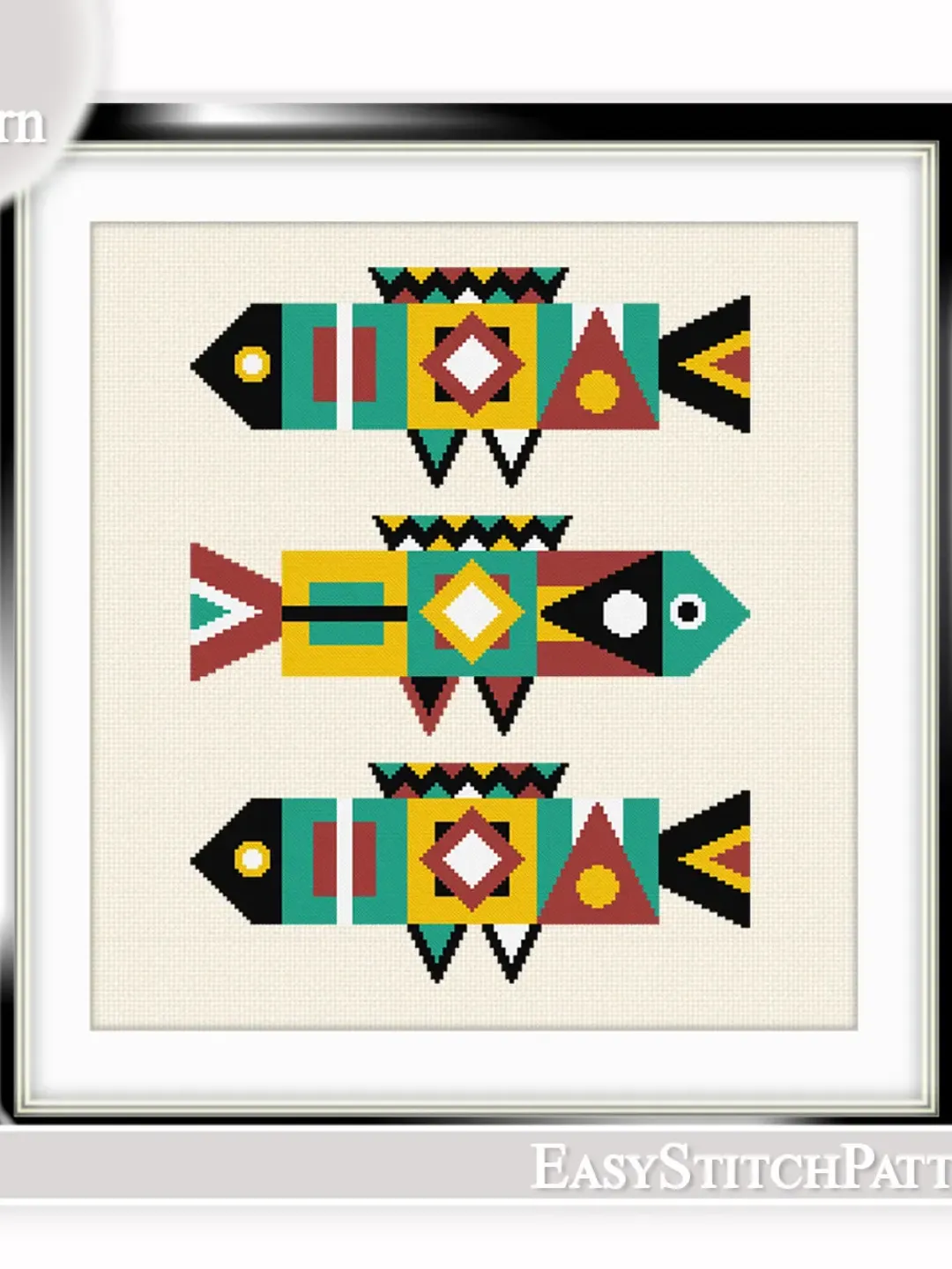 Abstract fish cross stitch pattern. Scandi cross stitch pattern. Folk cross stitch pattern.