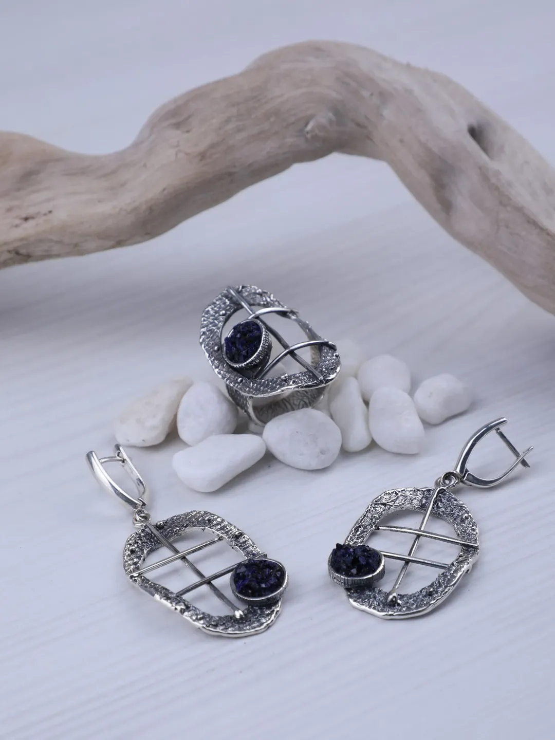 MADE TO ORDER Sterling 925 silver,  shimmery carborundum  jewellery set. earrings and ring.