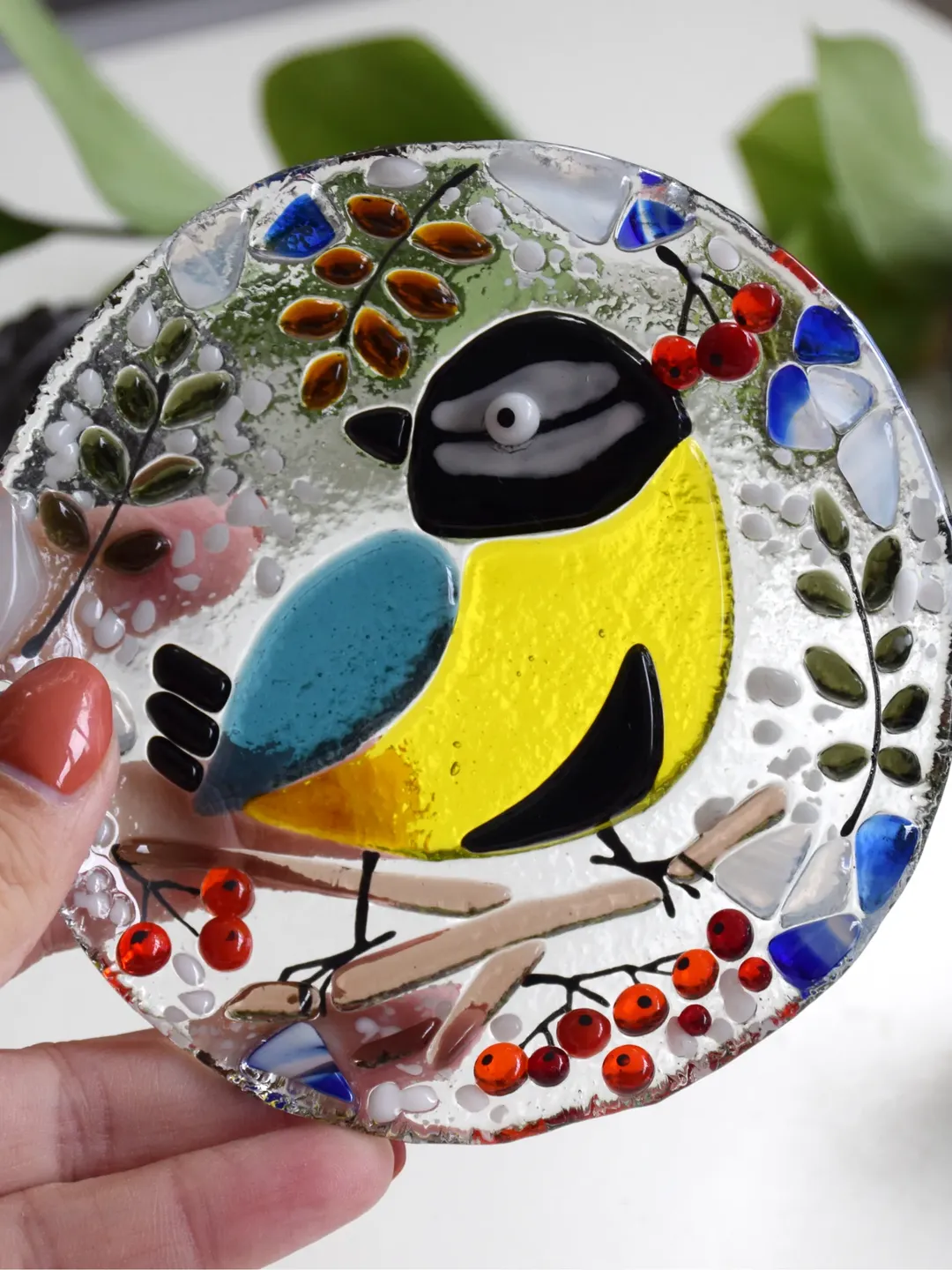 Candy dish or dessert plates with bird tit - Fused glass hand painted plates