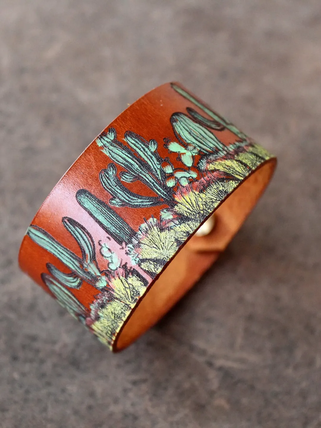 Cactus Bracelet, Wide Botanical Leather Cuff Bracelet, Hand Painted Waterproof Leather, Gift for Gardener/Nature Lover, Motherhood Symbol