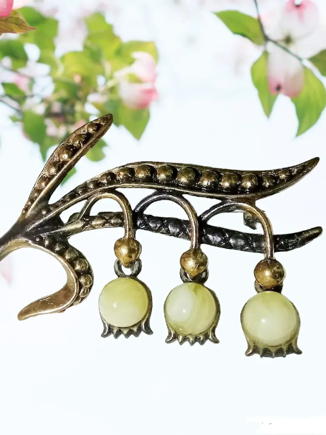 Spring Flower Lily the Valley Brooch Amber Jewelry Handmade white yellow gold brass women's brooch dress lapel pin