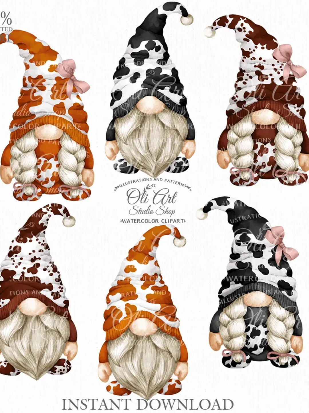 Cow Gnome Clip Art. Hand painted clipart. Cute Characters, Hand Drawn graphics. Digital Download. OliArtStudioShop