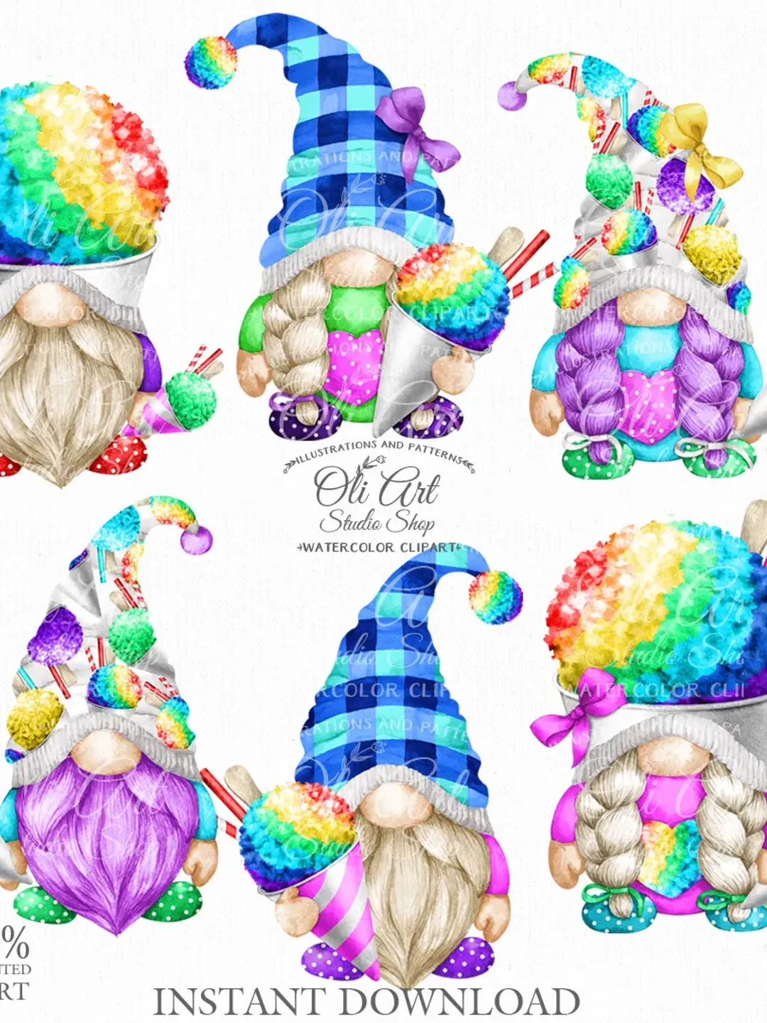 Snow cone Gnome Clip Art. Hand painted clipart. Cute Characters, Hand Drawn graphics. Digital Download. OliArtStudioShop