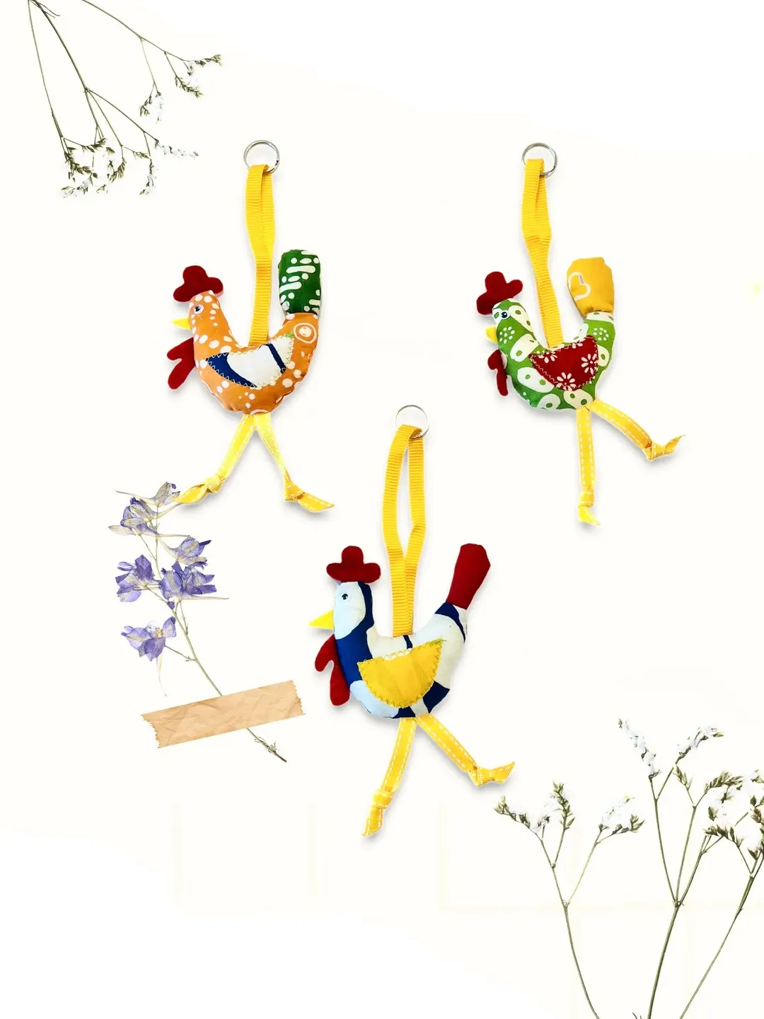 A set of 3 Handmade Keychains or Christmas Tree Ornaments | Batik Chicken keychain | Gardener Gift