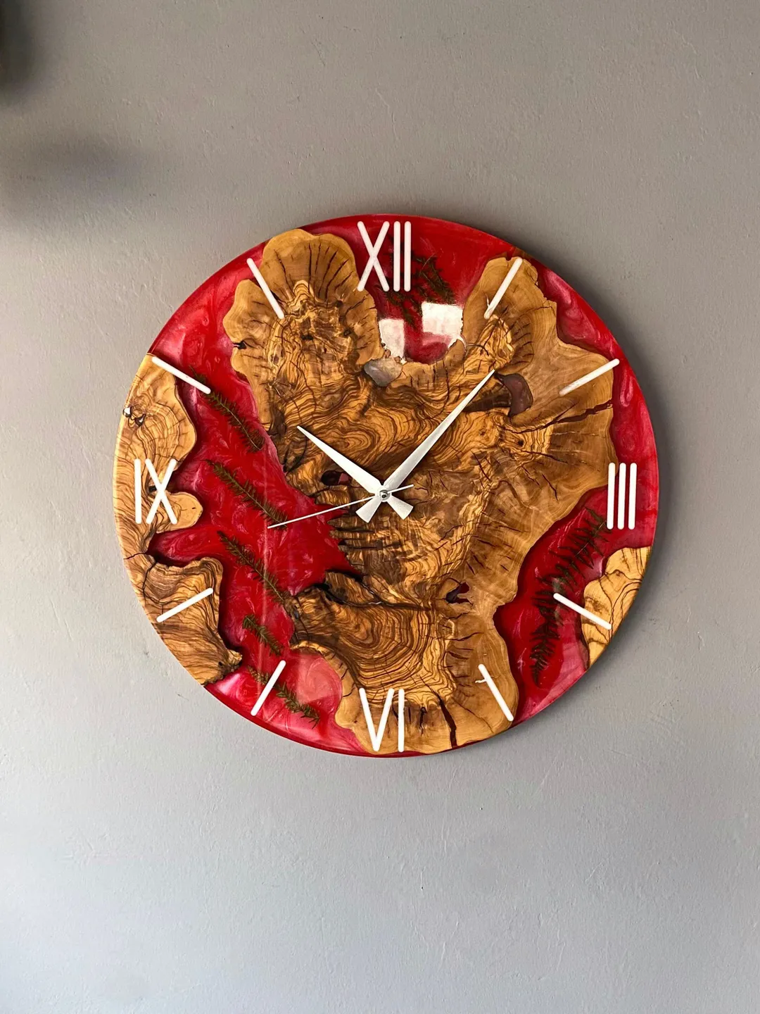Red Epoxy Olive Wood Wall Clock, Resin Wall Clock, Wall Clock Unique, Live Edge Wall Clock