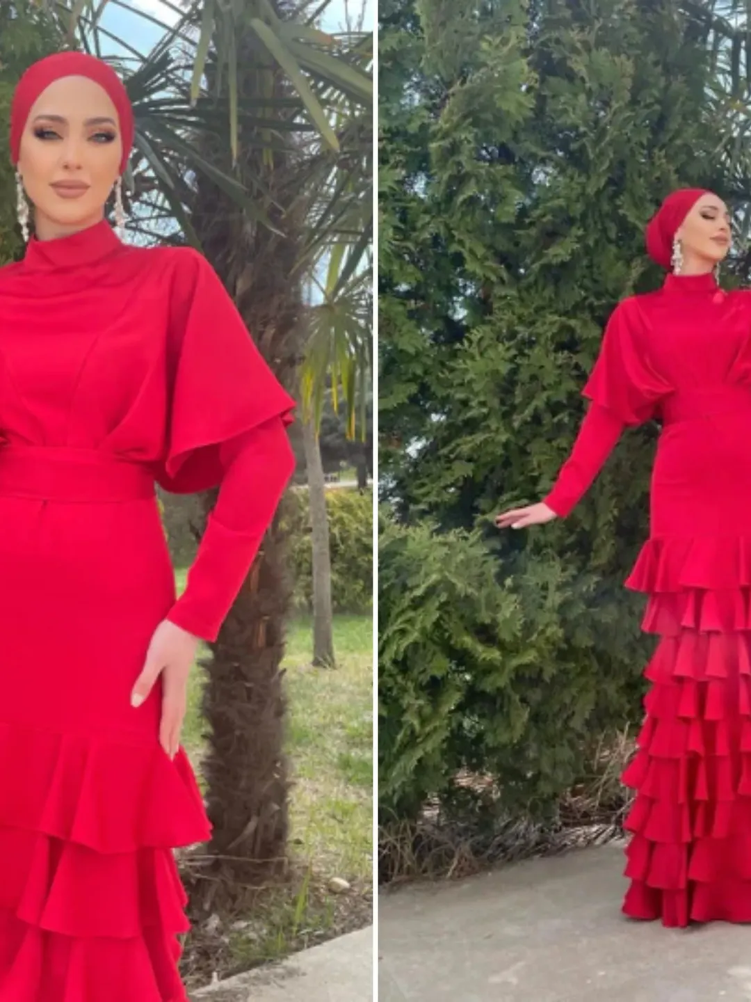 AHUNARE HIJAB - Asude Red Satin Frilly Mermaid Wedding Dress, Muslim  Evening Gown, Nikah, Islamic Wedding, Engagement, Bridesmaid,