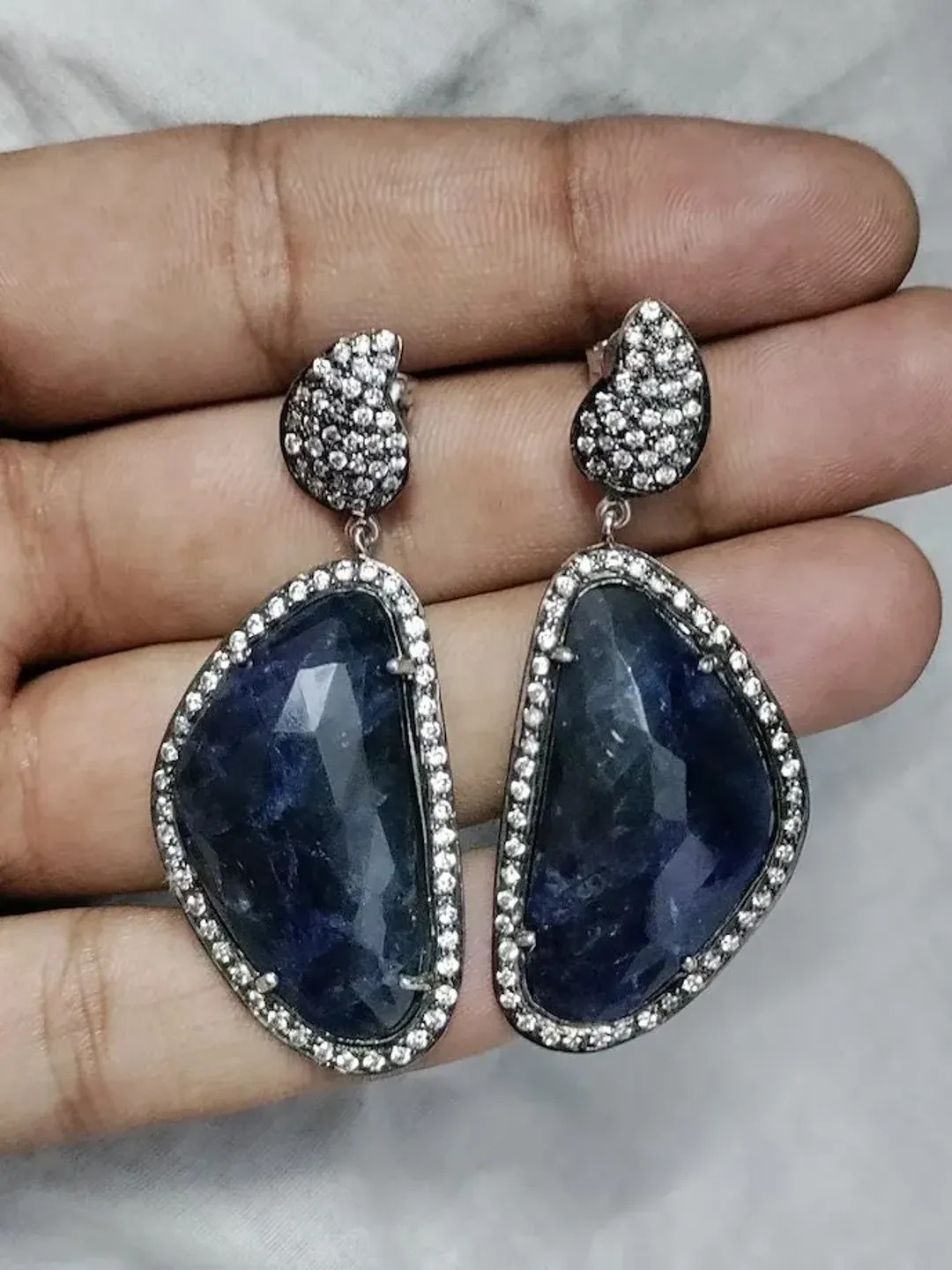 Natural Blue Sapphire Studs, Pave CZ Earrings, Pave Earrings, Sterling Silver Stud, Victorian Earrings, Statement Jewelry, Boho Earrings