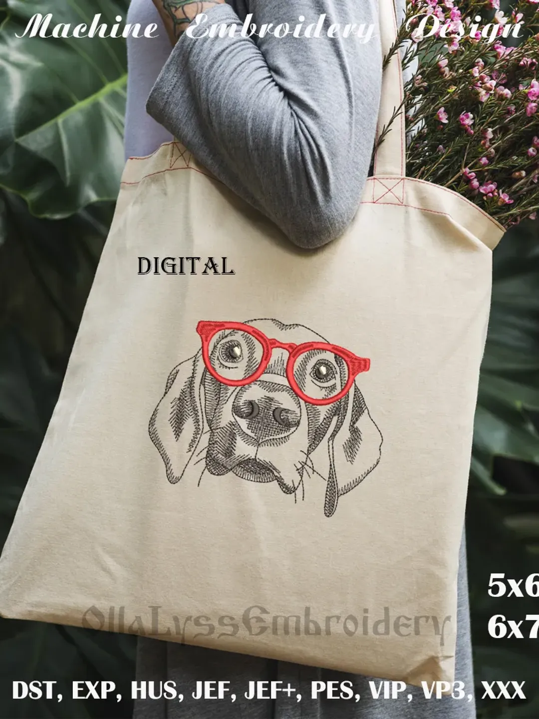 Hipster dog with glasses machine embroidery design in 2 sizes
