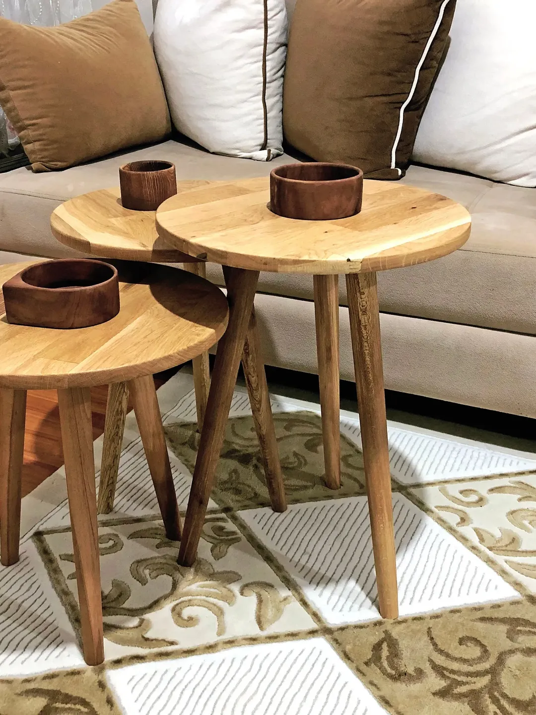 Round Wooden Oak Coffee Table Woodwork End Tables Natural Wood Furniture Side Table for Living Room Nesting Table Disassembled Furniture
