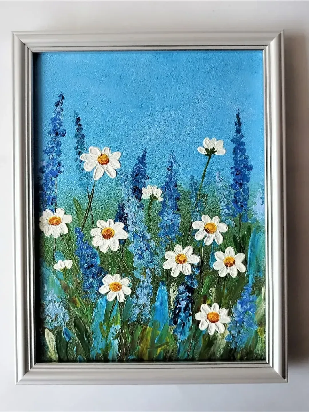 Wildflowers acrylic painting, Daisies wall art, Artwork for living room, Daisies impasto art painting