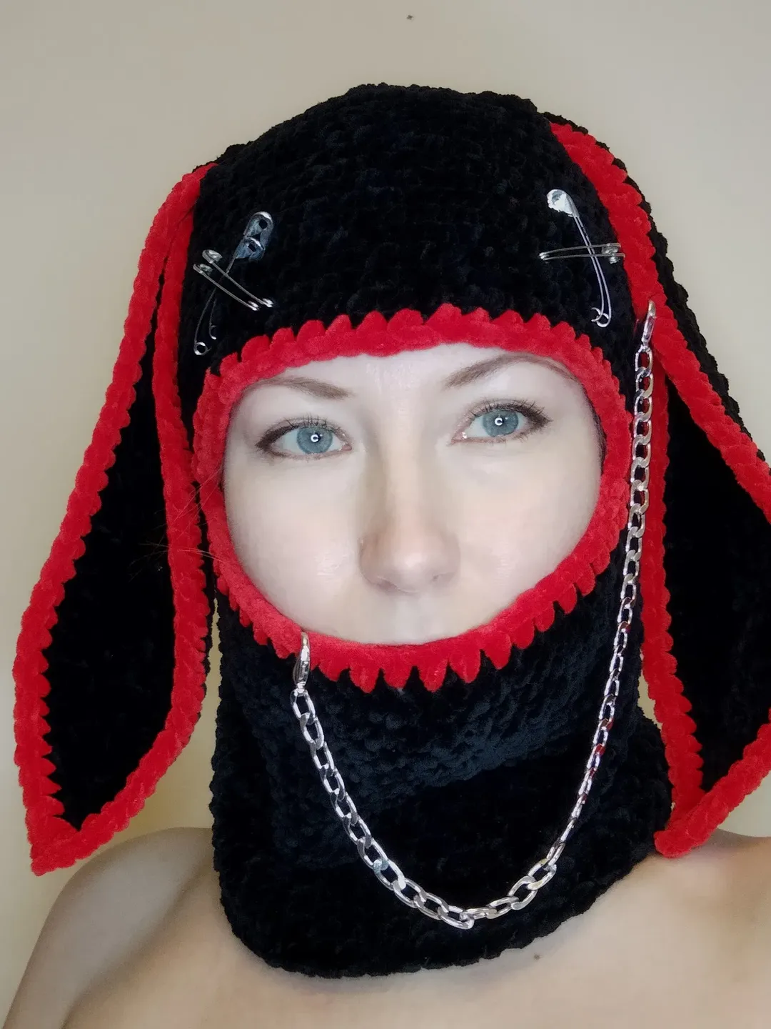 Zombie bunny balaclava Hand knit goth balaclava with ears Black