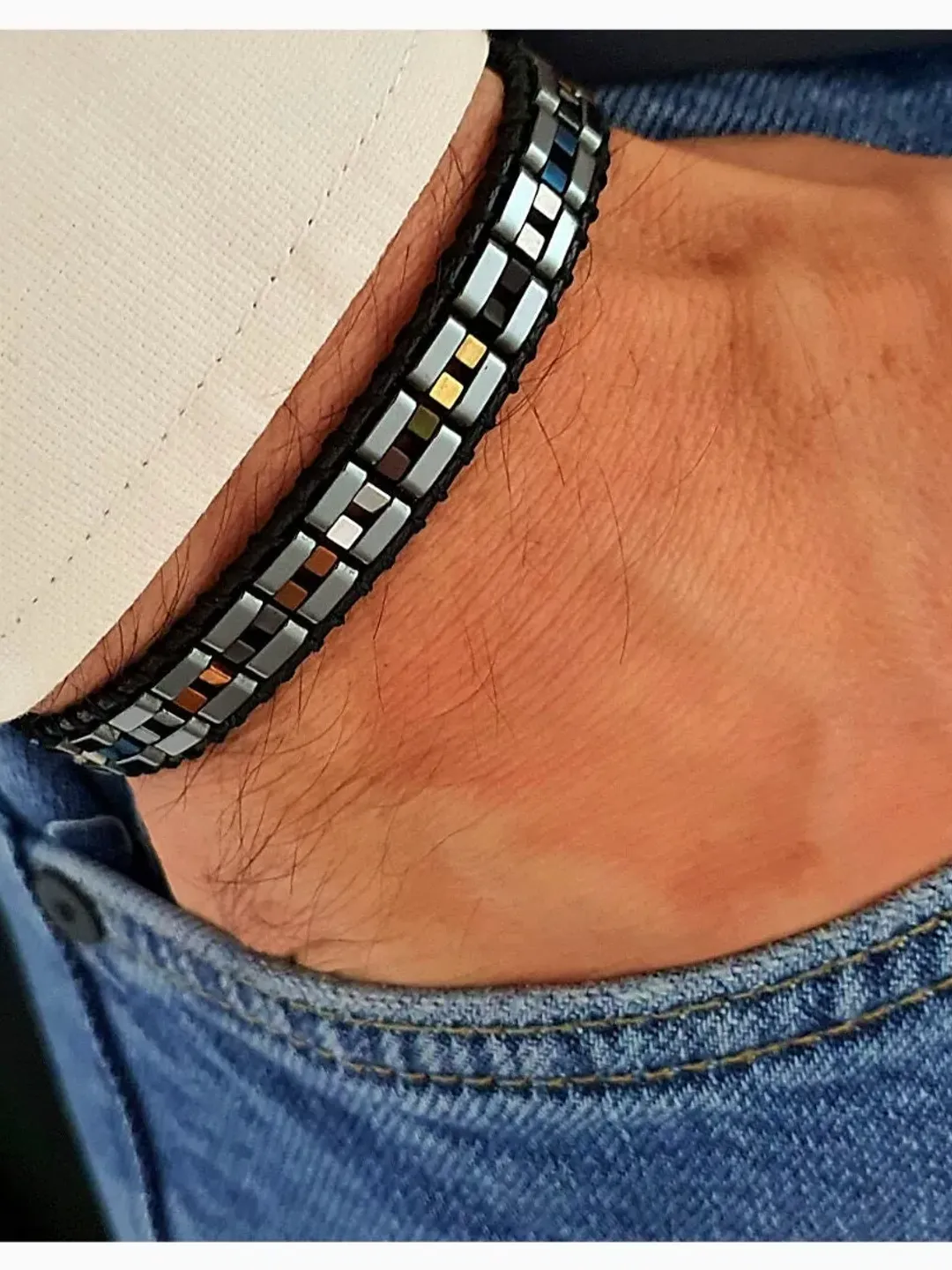 Hematite Slim Bracelet, Stylish Wristlet, Celebration Gifts for Men, Gifts for Him, Formal Arm Band, Anniversary Present, Gemstone Accessory