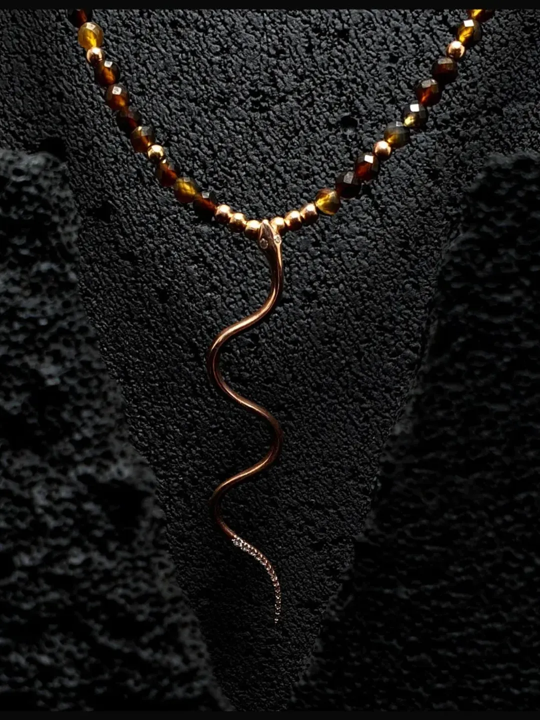 Rose Gold Snake Charm Silver Necklace with Brown Facet Agate Gemstone, Sterling Silver Snake Pendant Jewelry, Jewellery Gifts for