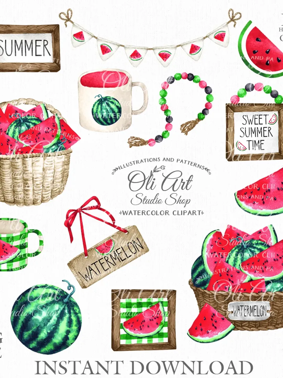 Watermelons, Decor Elements Clip Art. Summer Designs, Hand Drawn graphics. Digital Download. OliArtStudioShop