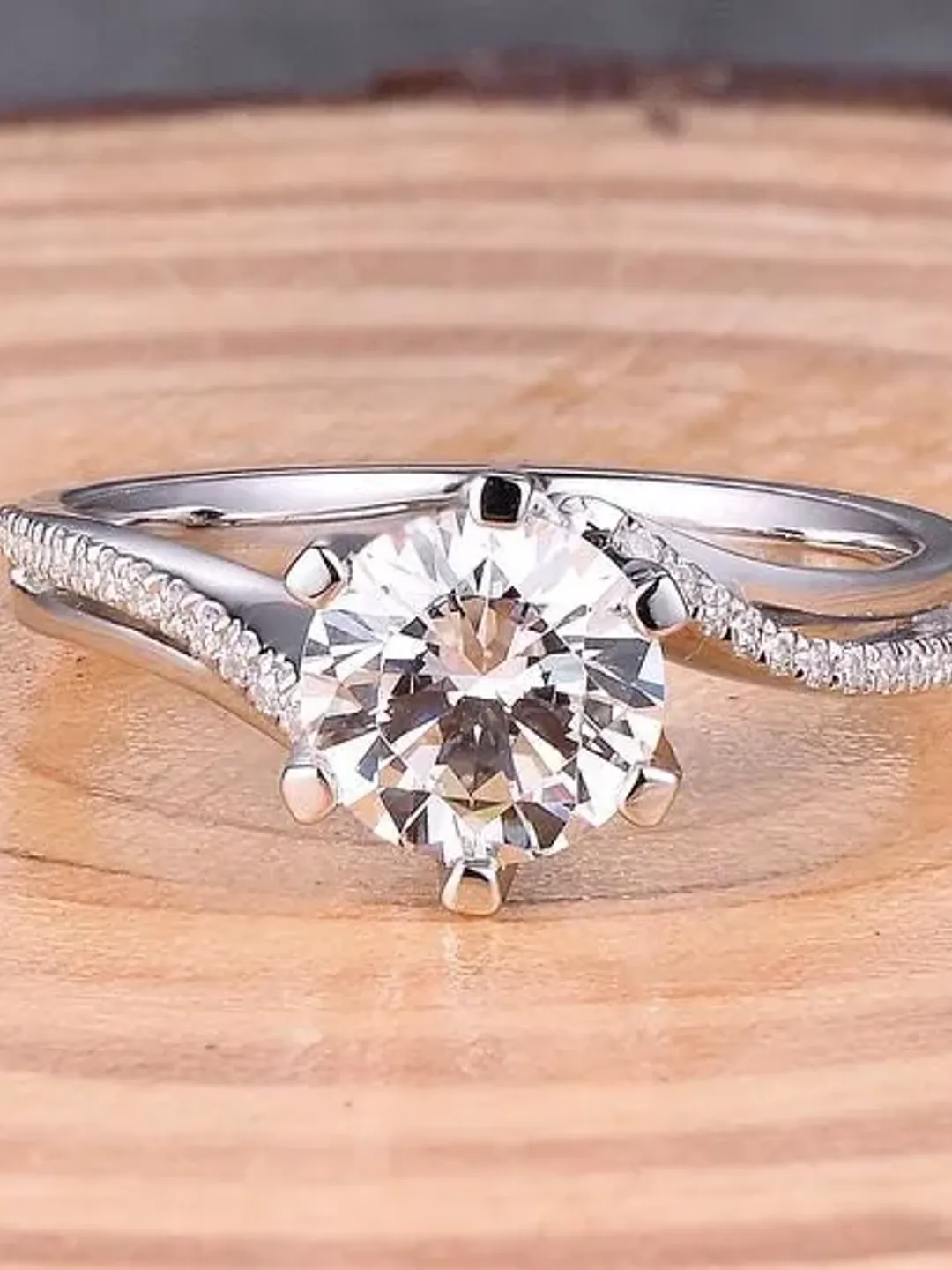 6 Prong Ring, Solid 14K White Gold 6.5MM Round Shape Fashion Semi Mount Ring / Diamond Ring / Engagement Ring