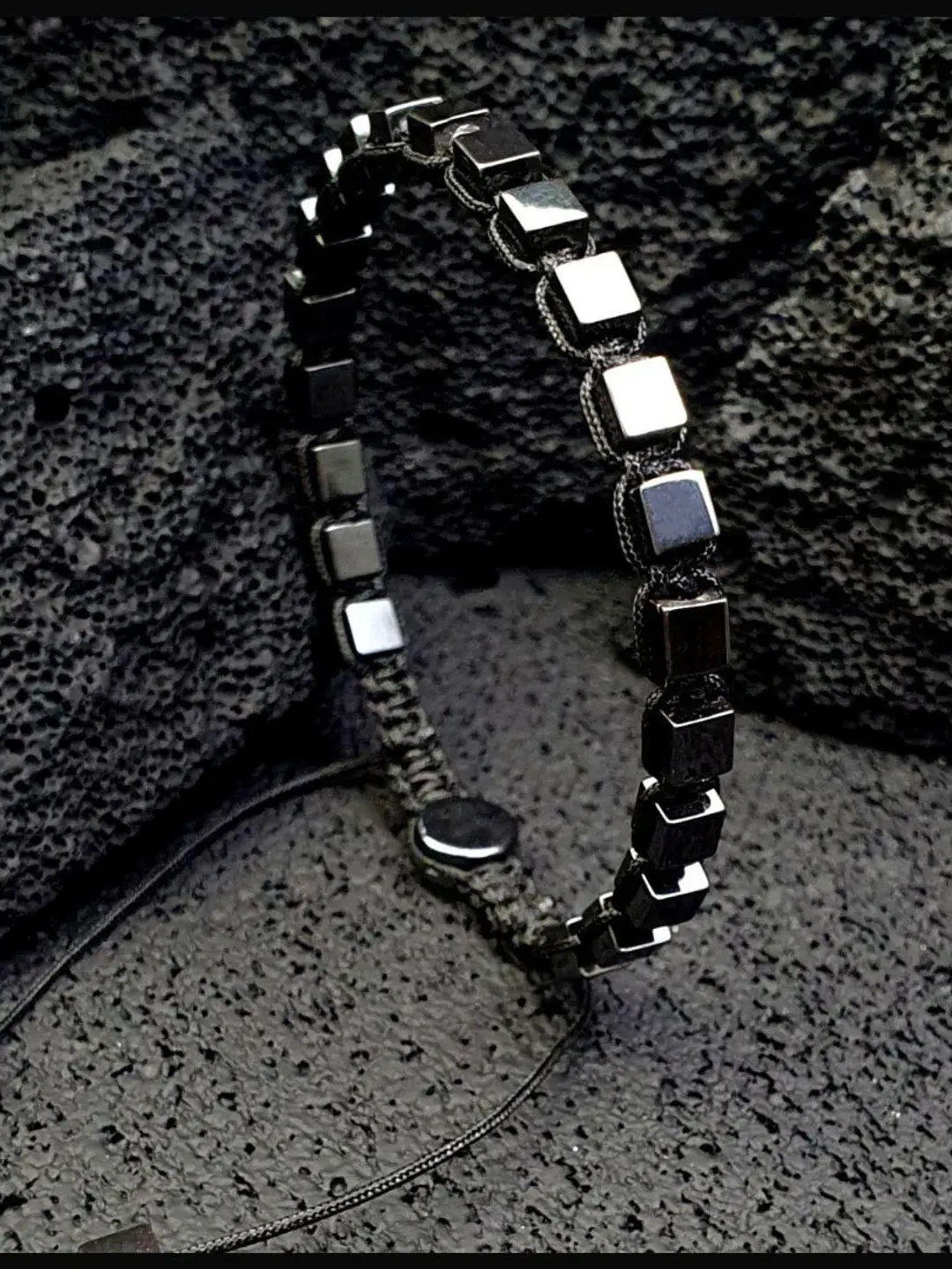 Black Silver Hematite Macrame Bracelet, Cube Bead Hematite Gemstone Wristlet, Gifts for Men, Women, Macrame Knitted Arm Band, Gifts for Dad