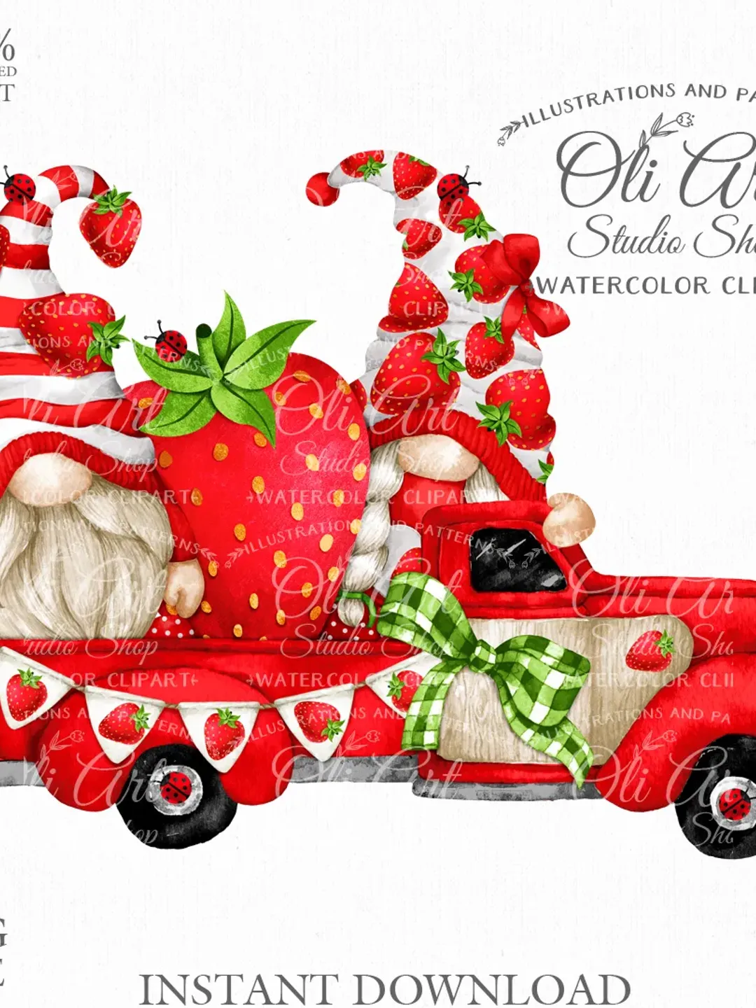 Strawberry Truck Gnome Clipart. Hand Drawn Graphics, Instant Download. Digital Download. OliArtStudioShop