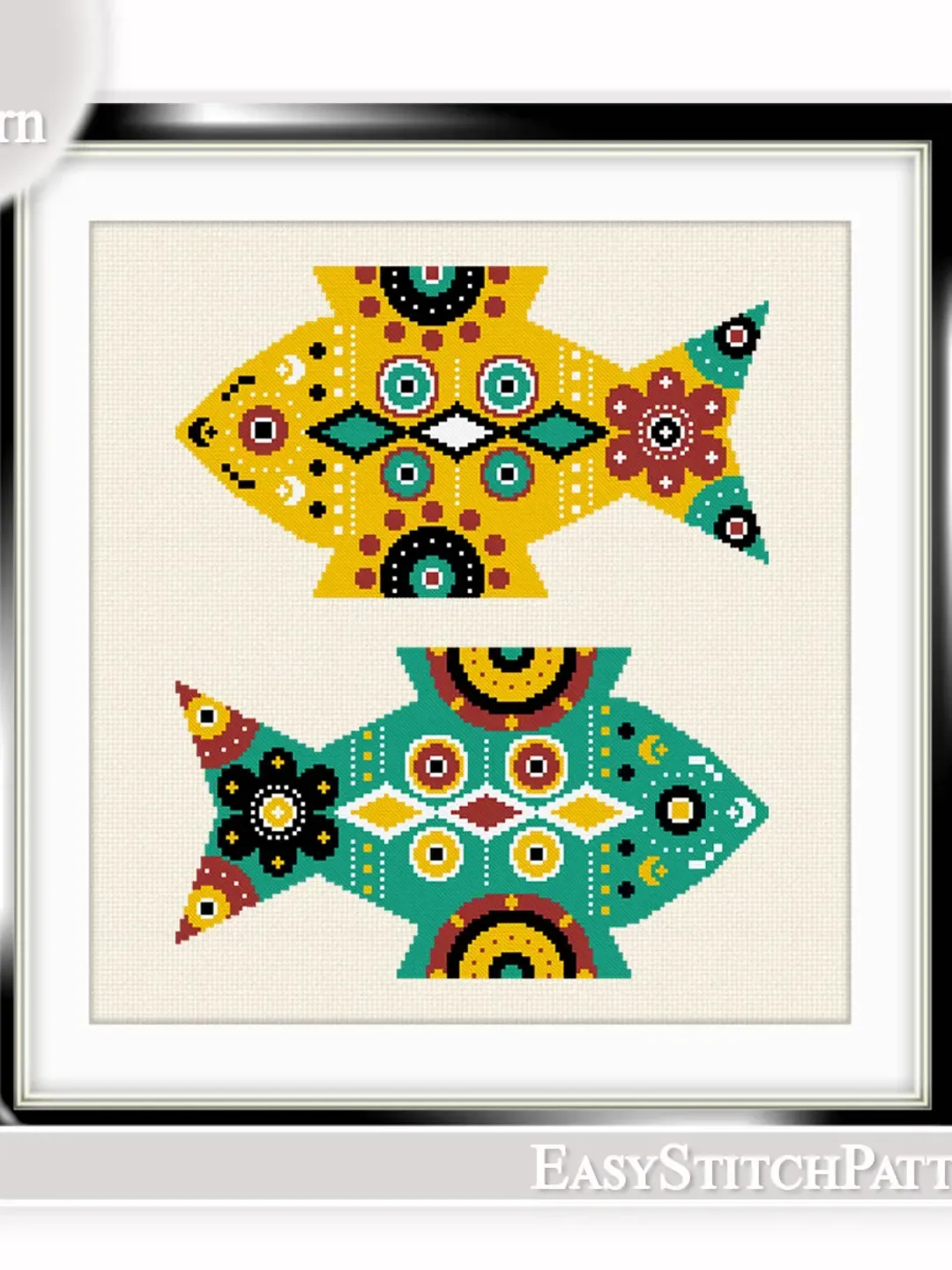 Abstract cross stitch pattern. Fish cross stitch pattern. Folk cross stitch pattern.