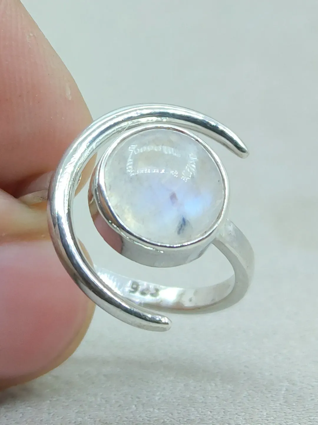 Natural Moonstone Ring, Crescent Moon Ring, Sterling Silver Ring, Handmade Ring, June Birthstone, Round Moonstone, Rainbow Moonstone Jewelry