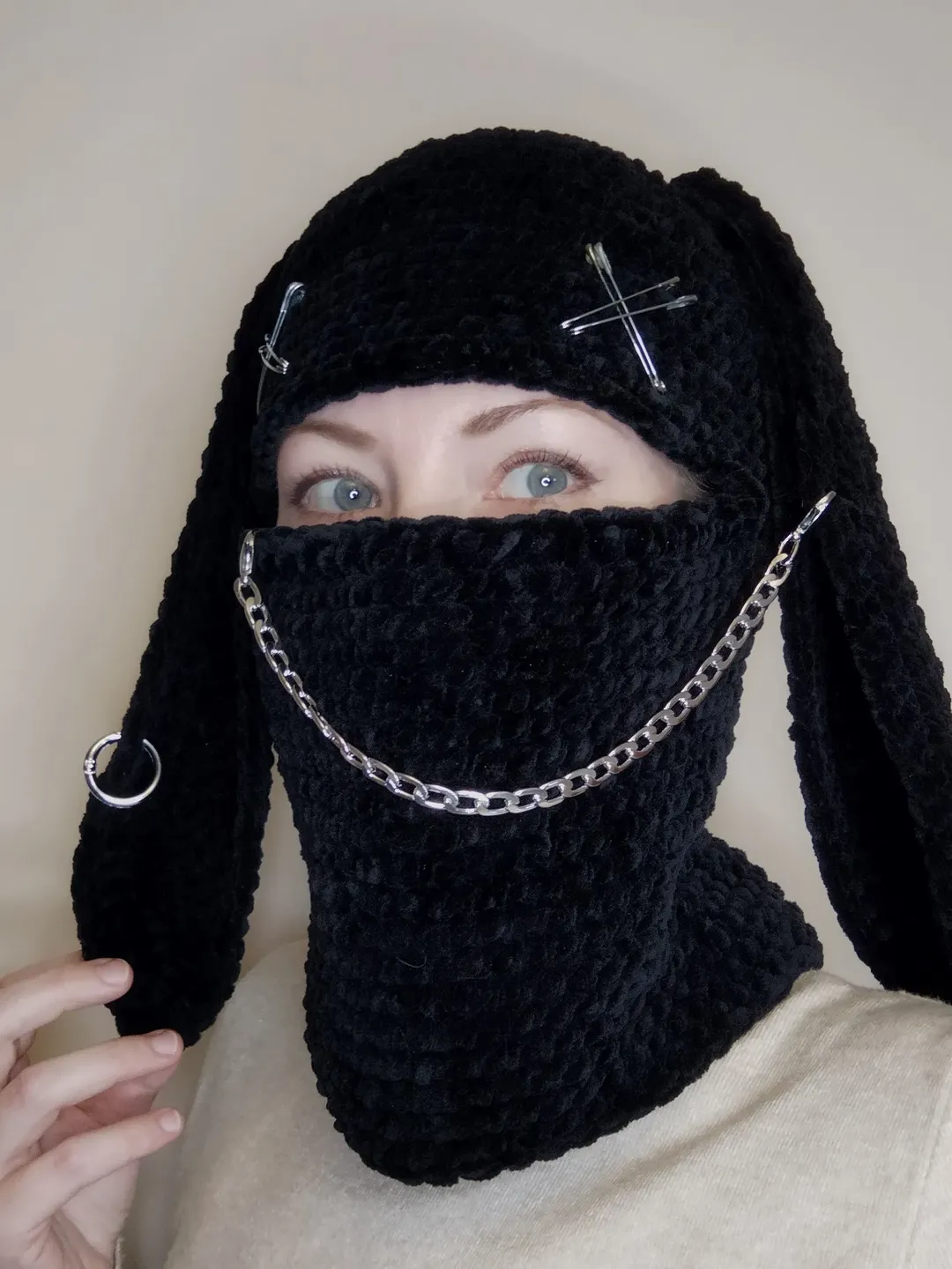 Black bunny balaclava crochet Balaclava with bunny ears Halloween bunny full face mask Creepy bunny balaclava