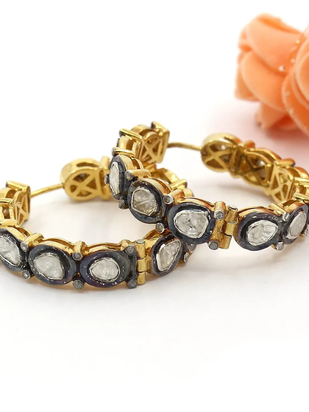 Polki Diamond Hoop Earrings, Sterling Silver Earrings, Silver Hoops, Huggie Earrings, Uncut Diamond Earrings, Victorian Jewelry