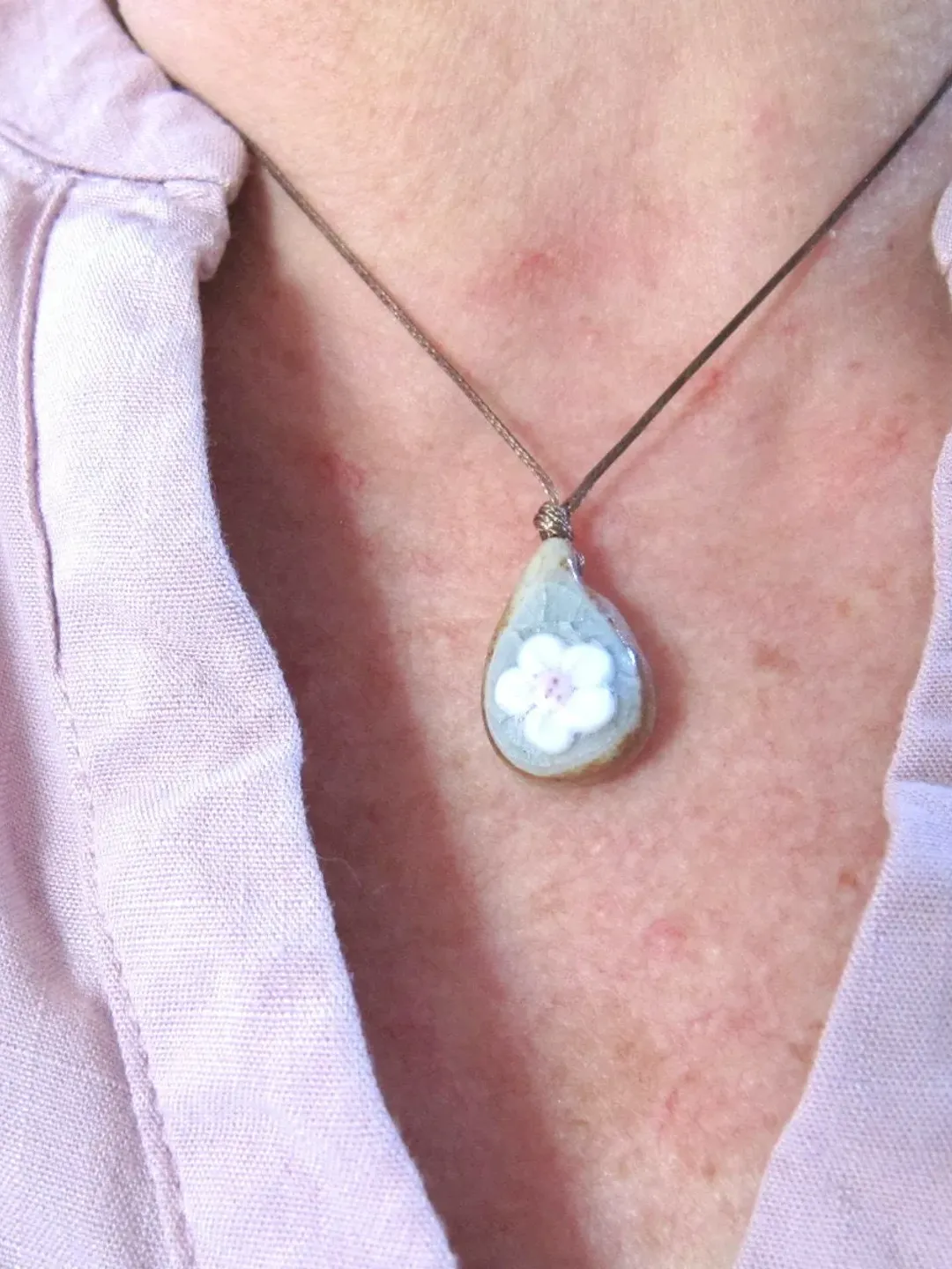 Ceramic pendant necklace, boho necklace, ceramic necklace, hippie choker, flower ceramic pendant, pendant ceramic with bells