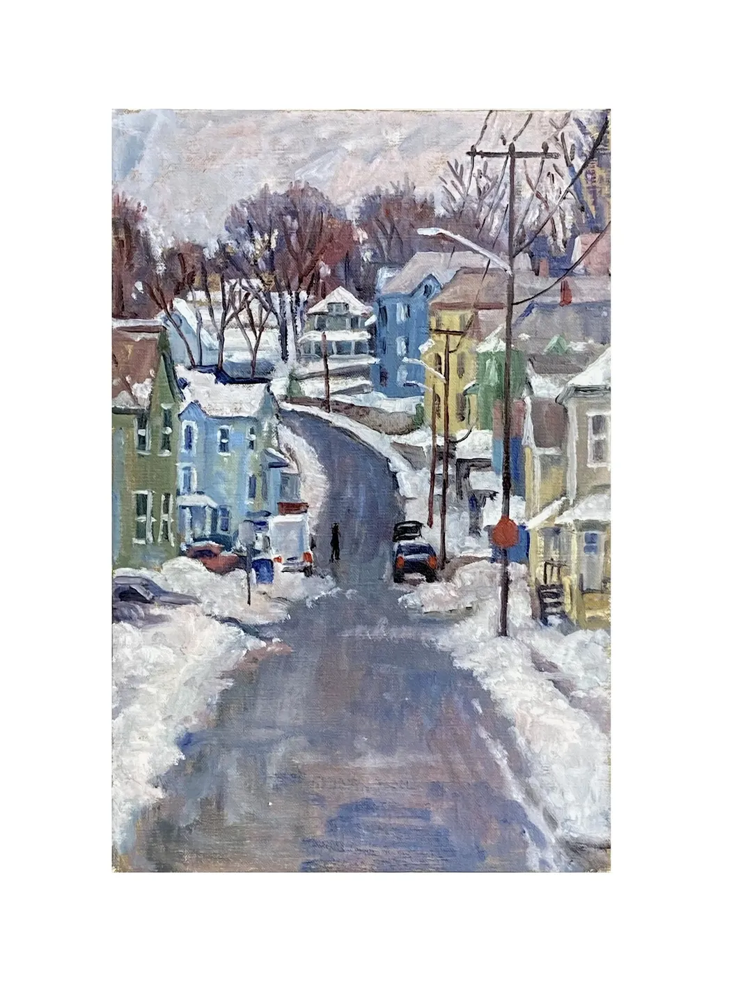 Winter Landscape Painting - Snowy Street/North Adams- 10x15 Oil on Linen, Plein Air Impressionist Snow Scene, Signed Original